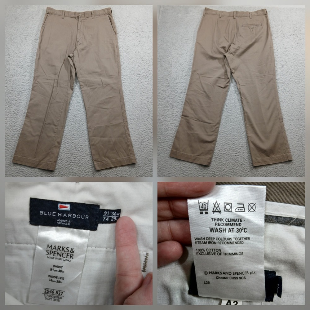 Marks & Spencer Blue Harbour Mens Chino Pants 36x29 Taupe Cotton Flat Front EUC